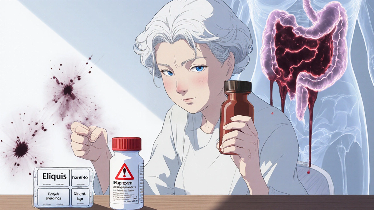 An elderly woman reaching for naproxen beside her blood thinner pills, with ghostly internal bleeding images glowing behind her.