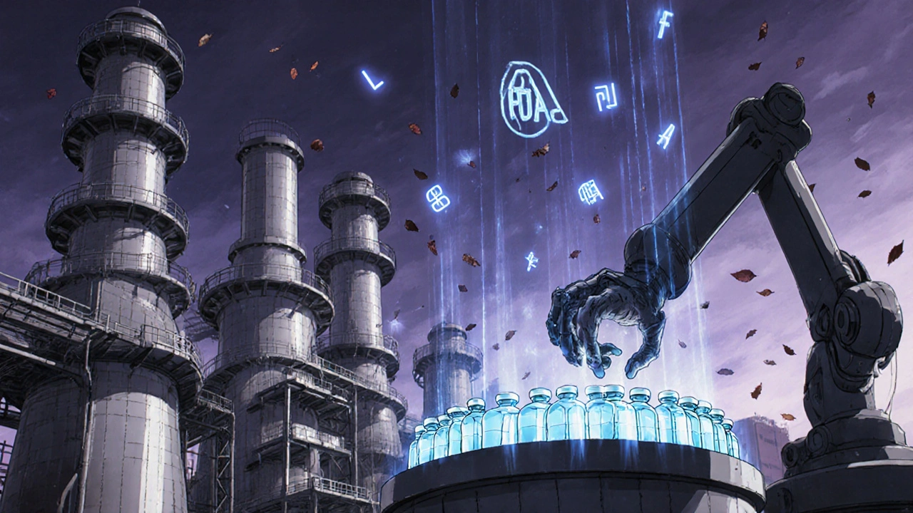 Chinese chemical plant with glowing API vats and floating FDA warning letters in cold metallic tones.