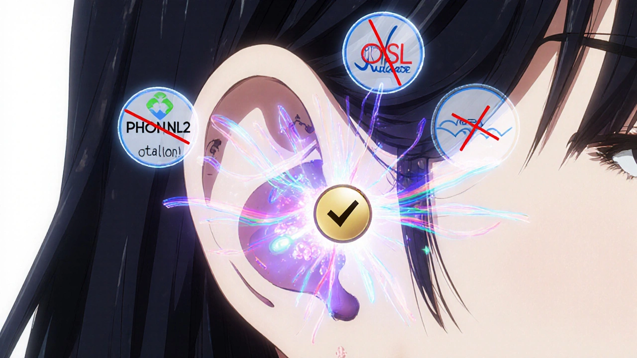 Close-up of an ear canal with glowing sound frequencies adjusting to match hearing targets, crowned by a &#039;REM&#039; checkmark.