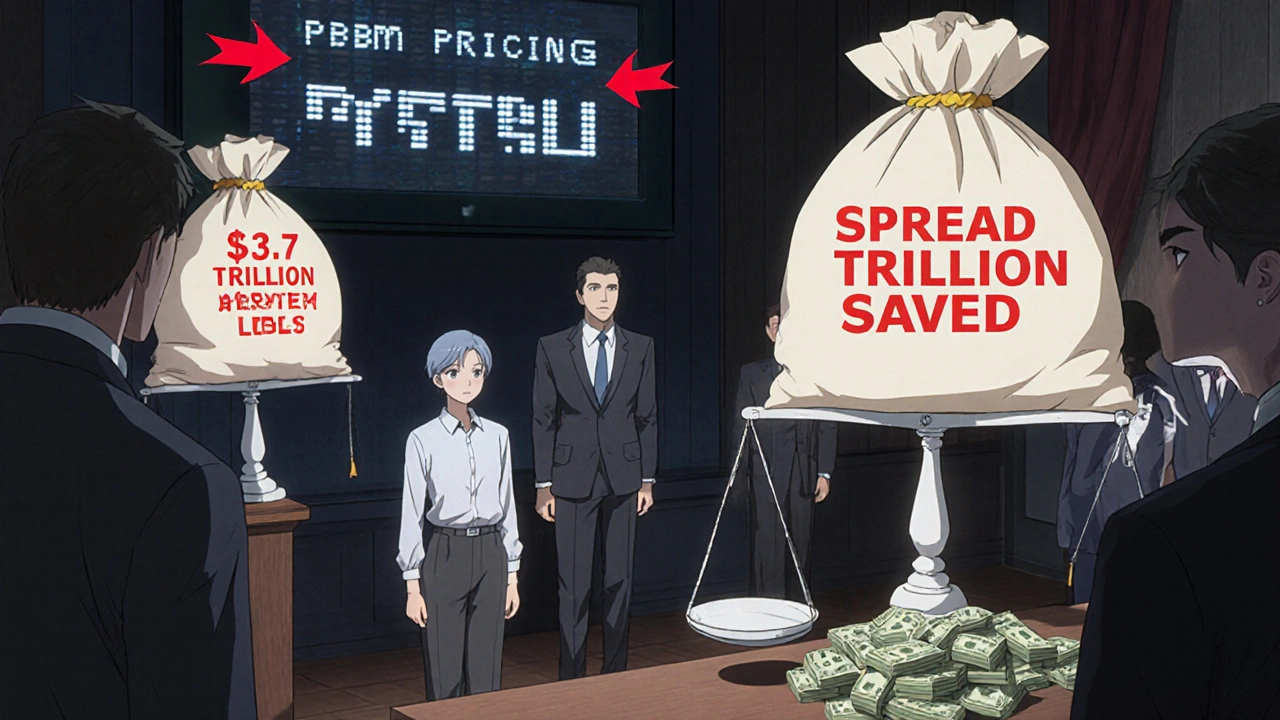 Corporate figures holding cash sacks while a patient&#039;s wallet empties, with a screen showing .7 trillion saved.