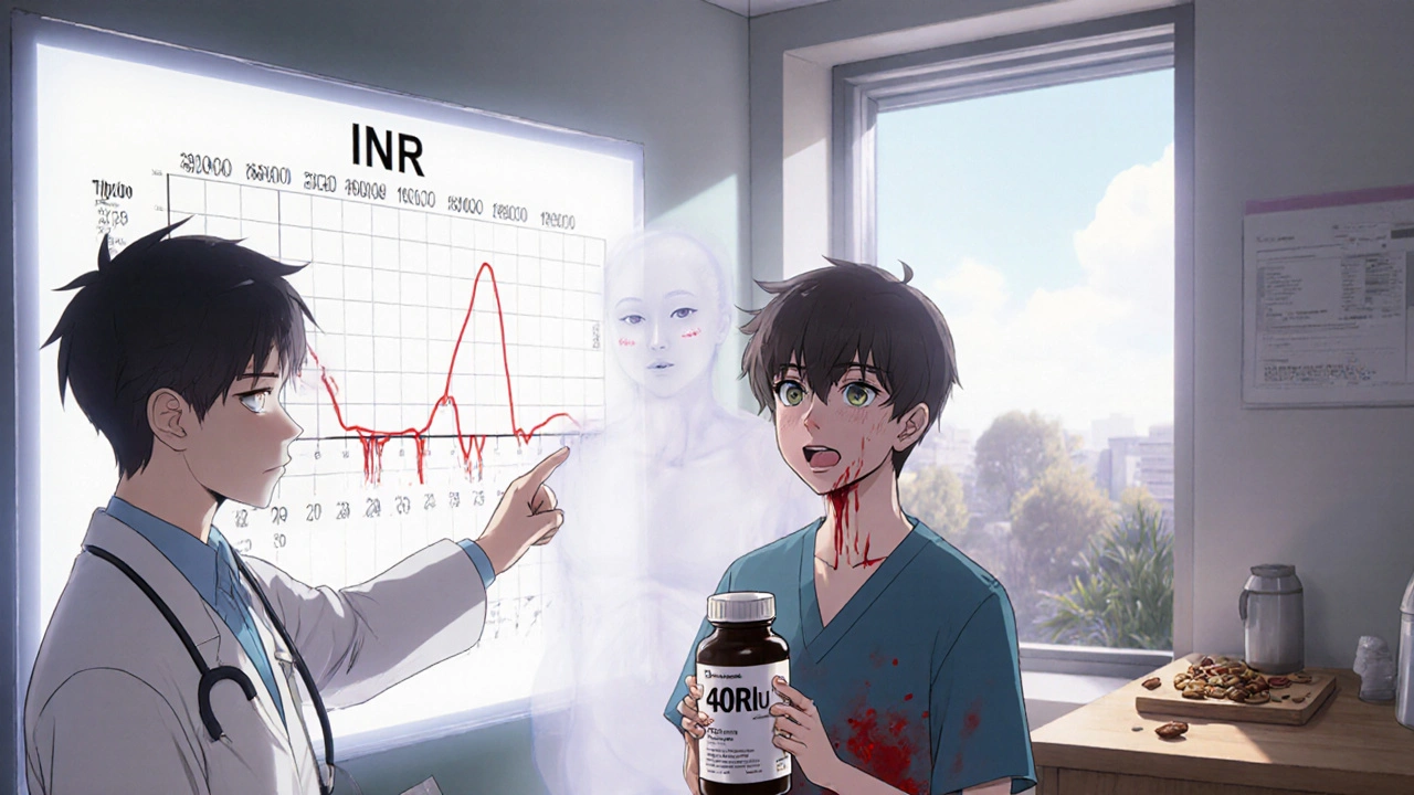 Doctor pointing at a normal INR chart while internal bleeding is visible behind them.