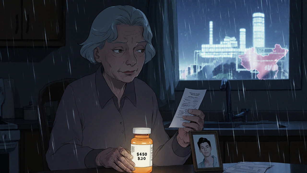 Elderly woman staring at a 0 prescription next to a glowing electric bill.