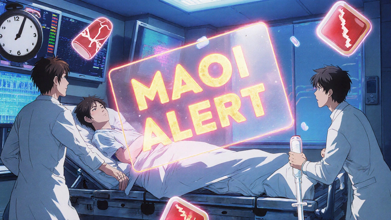 Emergency room with patient in crisis, doctors administering IV treatment, glowing MAOI alert card floating nearby.