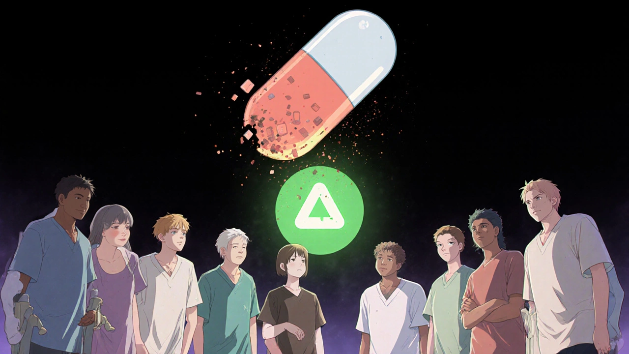 Group of patients in support circle, fading antibiotic pill above them, green alternative symbol glowing.
