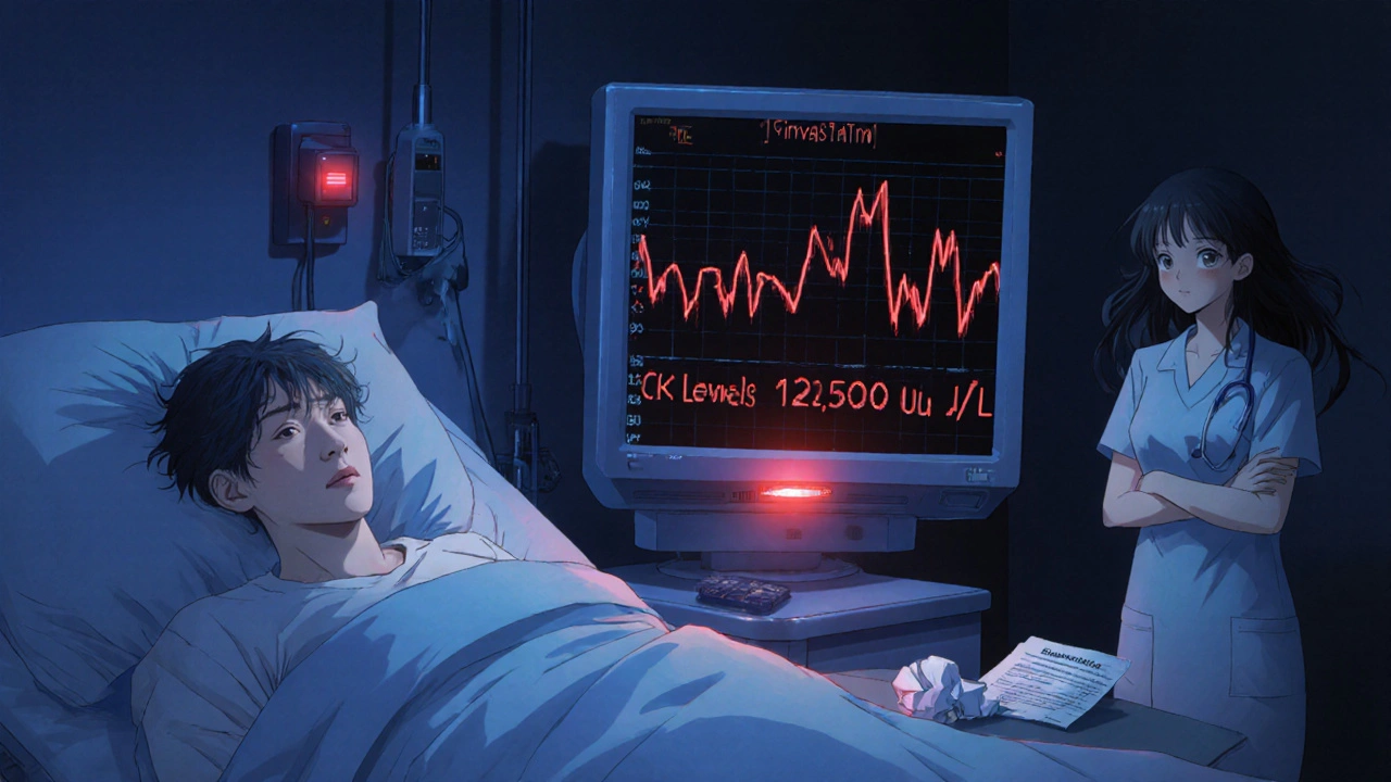 Hospital patient with dark urine and rising CK levels, doctor and nurse watching anxiously.