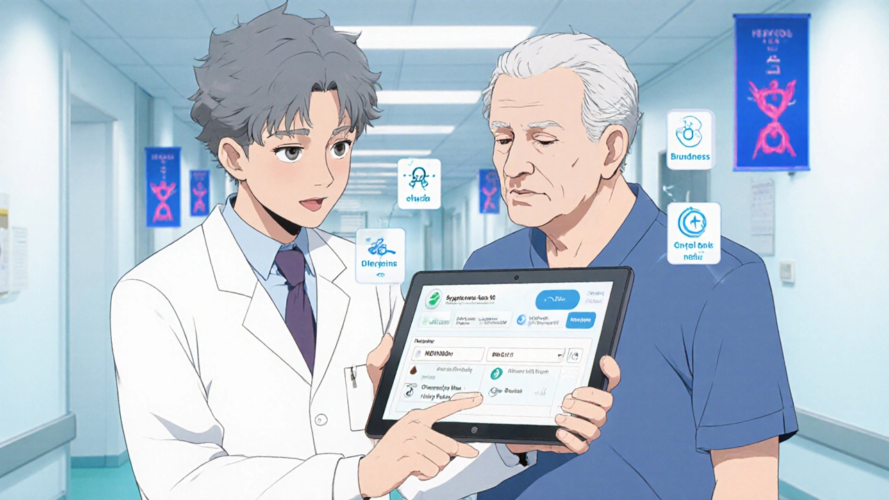 Medical professional helping an elderly patient monitor symptoms using a secure health portal.