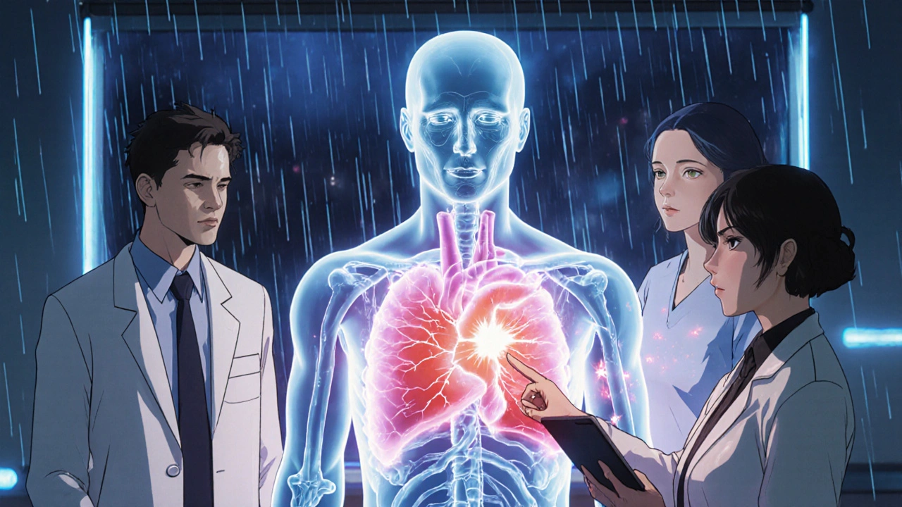 Medical team reviewing a glowing severity chart as a patient&#039;s heart shows inflammatory damage.