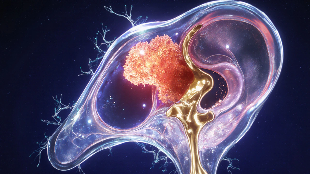 Microscopic view of the middle ear showing the stapes fused to the oval window by abnormal bone growth.
