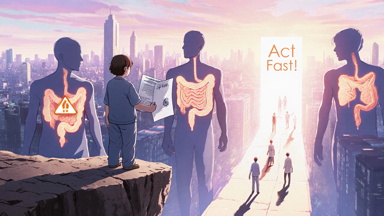 Patient holding an irAE guide at a cliff of organ-city, with warning shadows and a path to healing light.