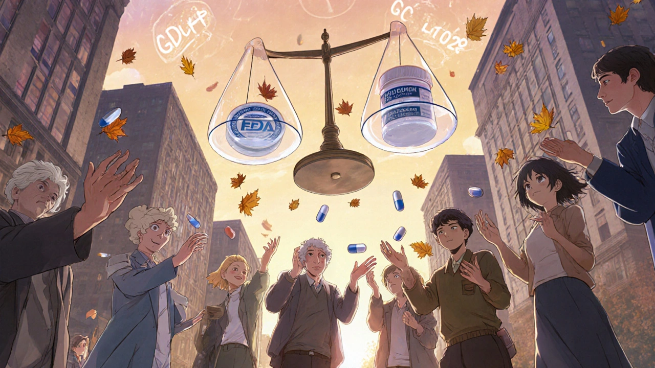 Patients catching generic pills falling like leaves, with a scale balancing brand and generic drugs above.