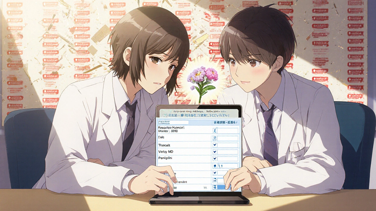 Pharmacist and patient update allergy records together, outdated alerts crumbling behind them.