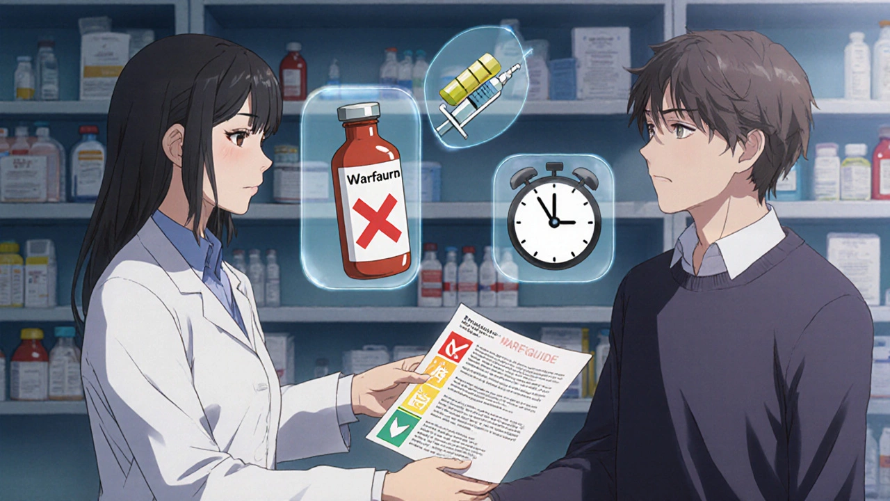 Pharmacist giving a personalized medication guide with safety icons floating nearby.