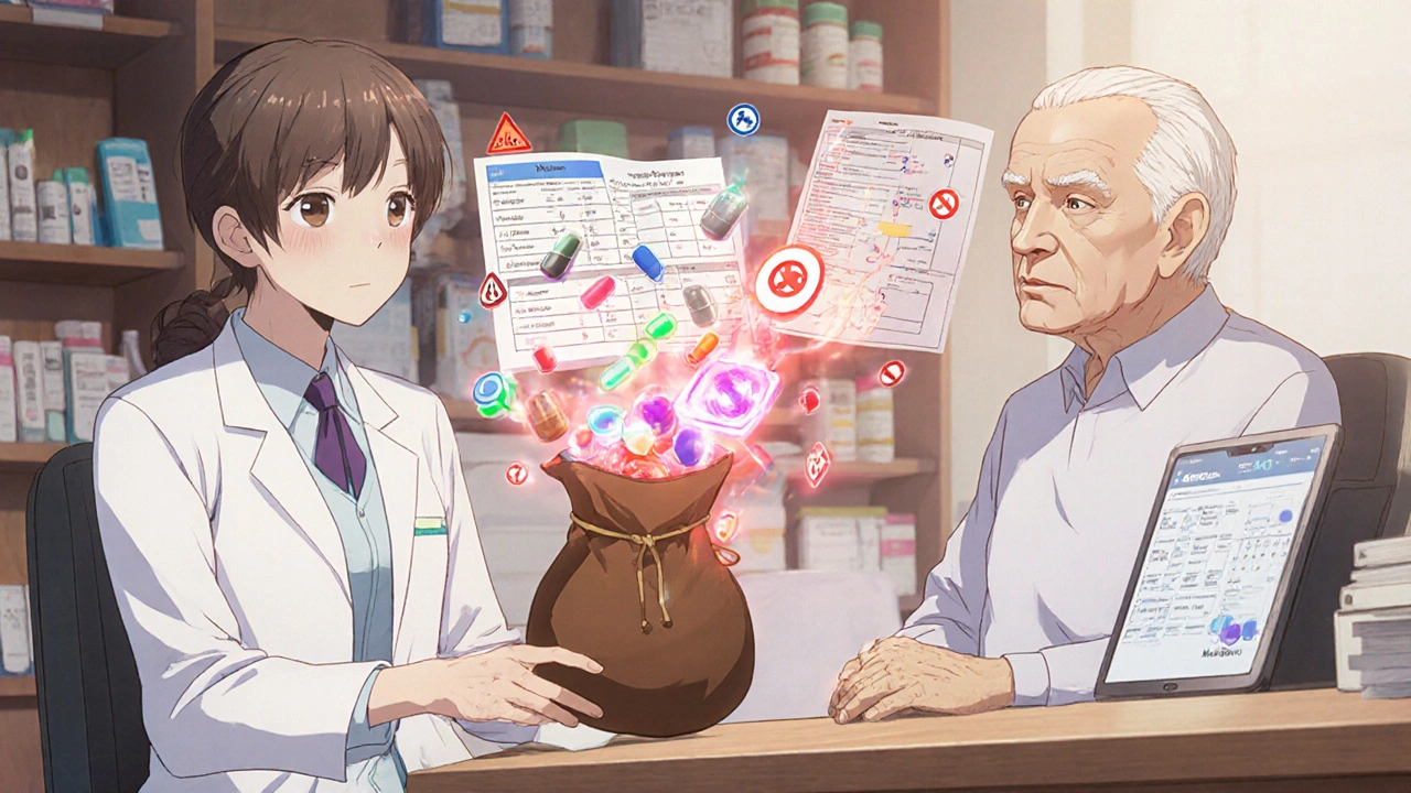 Pharmacist reviewing medications with an older patient, warning symbols floating from pills.
