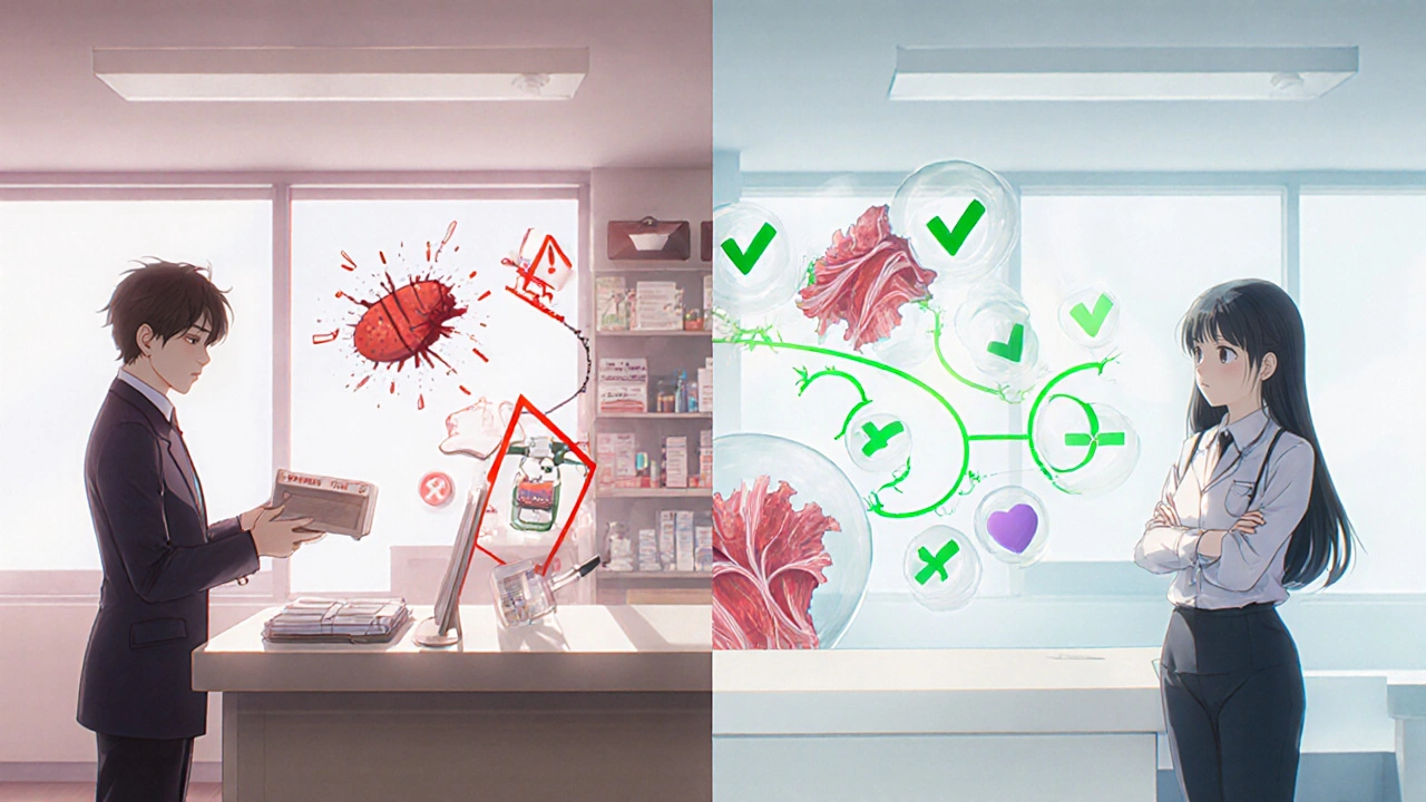 Pharmacist swaps clarithromycin for azithromycin with safe vs. dangerous statin pathways shown.