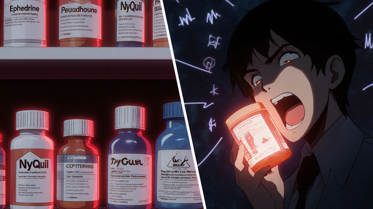 Pharmacy shelf with dangerous decongestants glowing red beside an MAOI prescription with warning symbol.