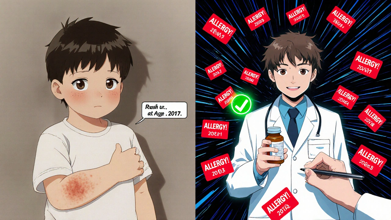 Split scene: childhood rash on left, adult surrounded by chaotic allergy alerts with one green verification mark.