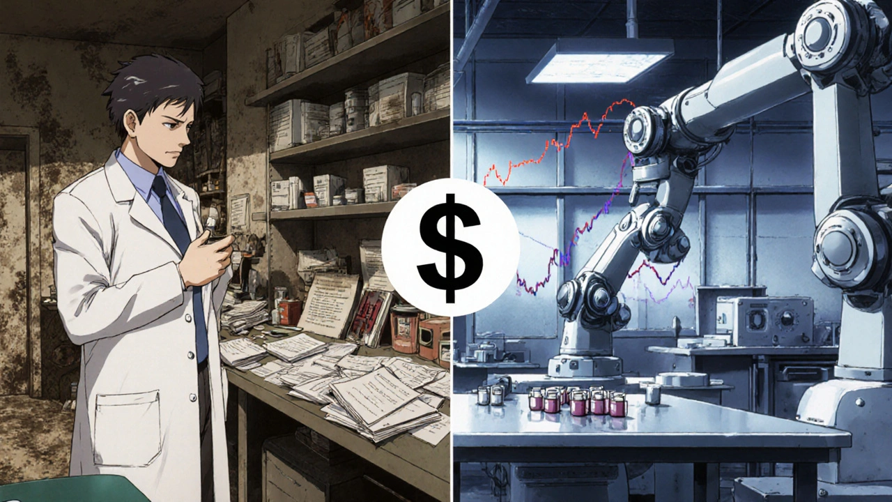 Split scene: FDA inspector in messy Indian lab vs. clean U.S. drug factory.