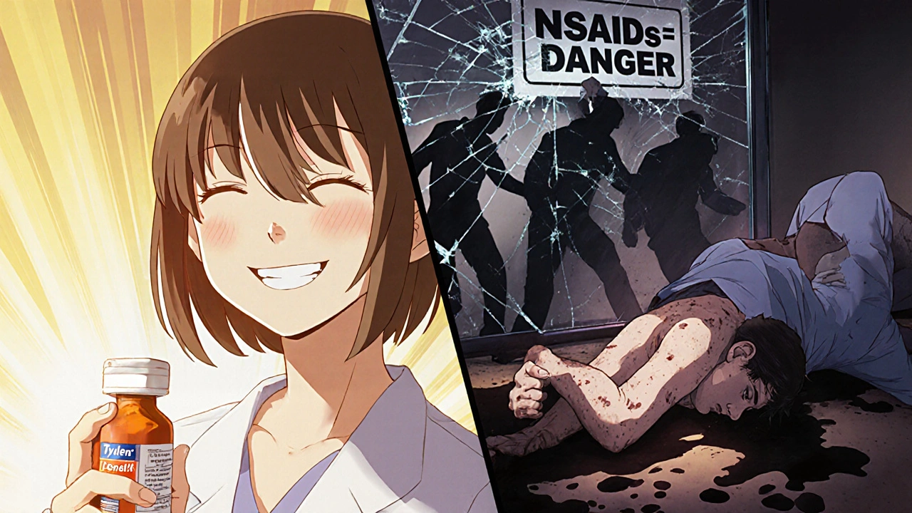 Split scene: one side shows safety with Tylenol, the other shows collapse and bleeding from NSAID use.