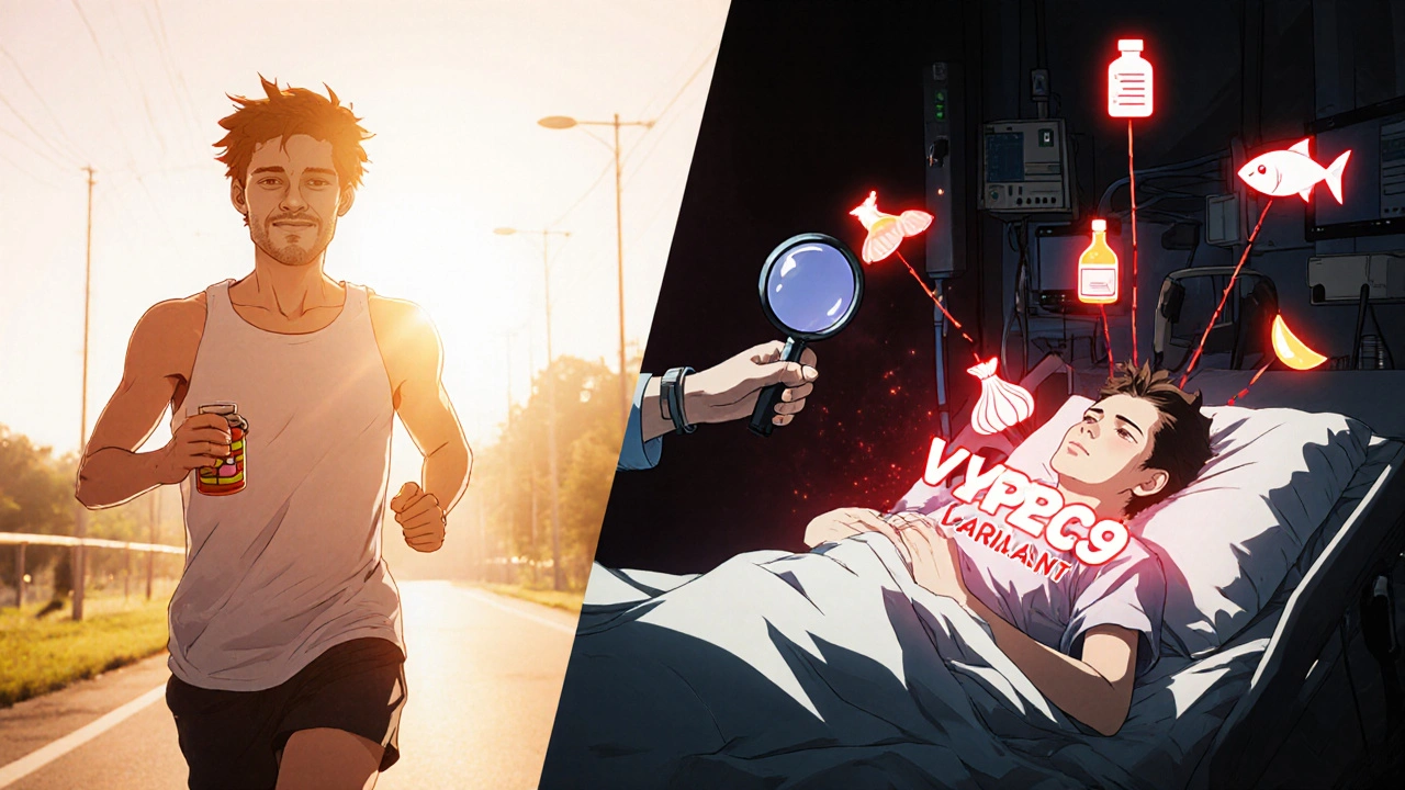 Split scene: person jogging happily on one side, collapsed in hospital on the other with warning symbols.