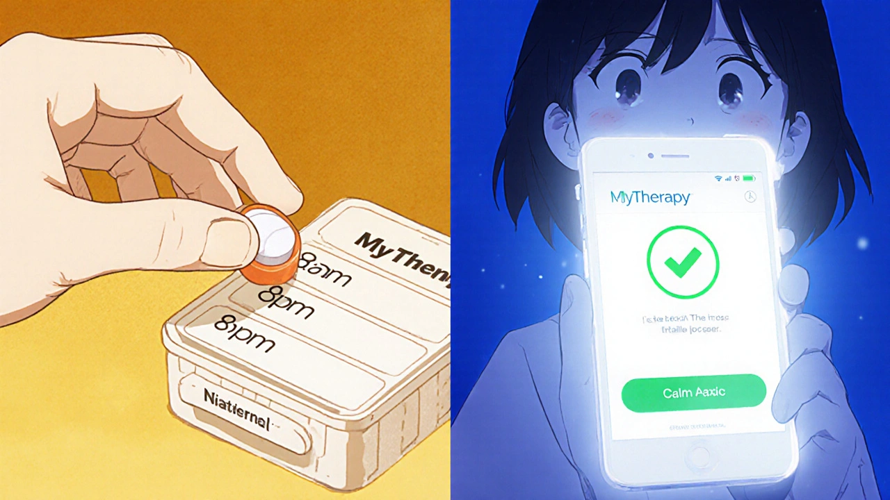 Split scene showing organized pills and a medication app with calm expressions.