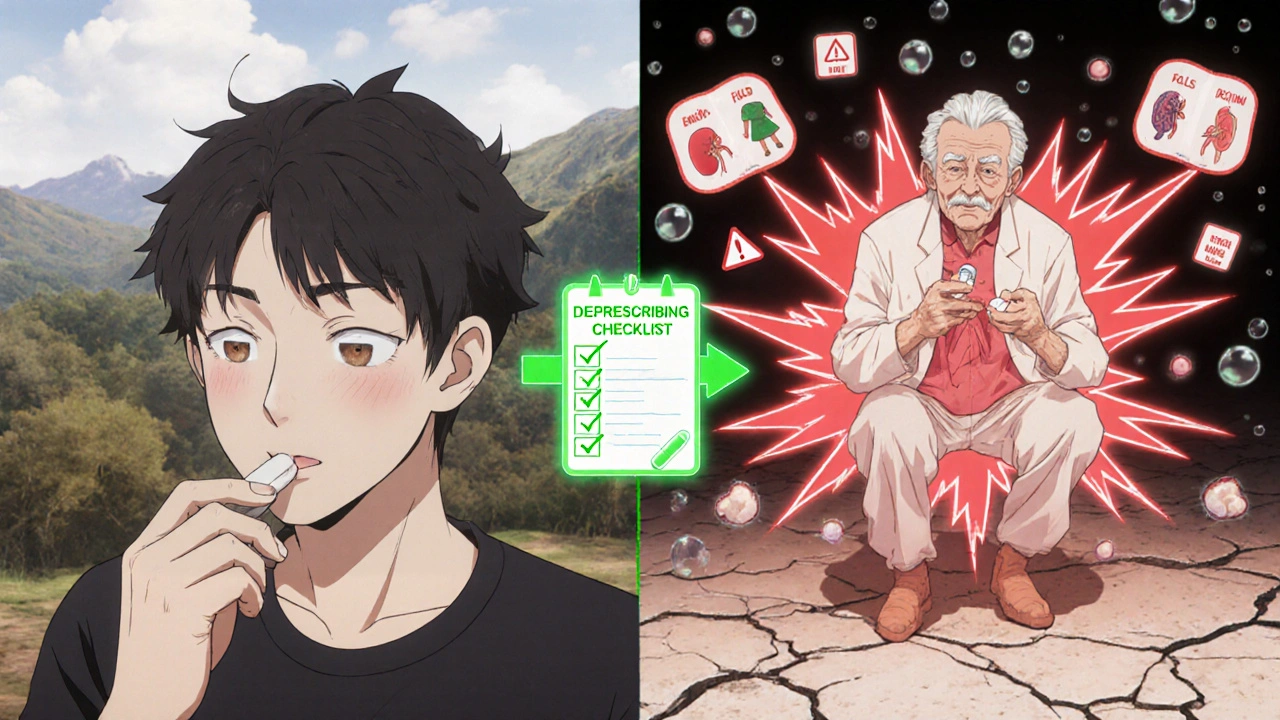 Split scene: young person vs. elderly person reacting to same medication, side effects shown as damage.