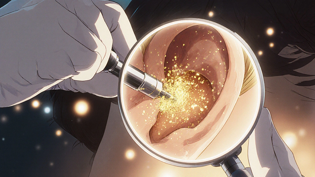 Surgeon inserting a titanium piston into the stapes during a stapedotomy procedure.