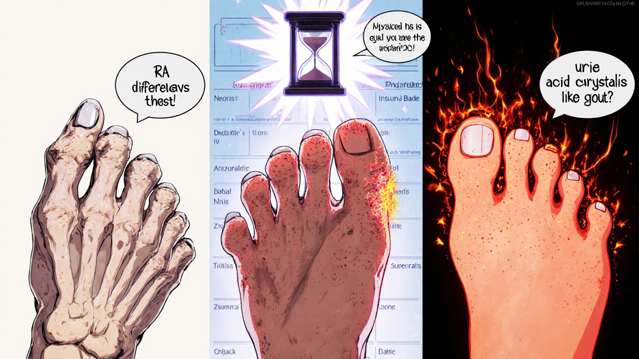 Three types of arthritic joints side by side: OA nodes, psoriatic sausage fingers, and gouty toe.