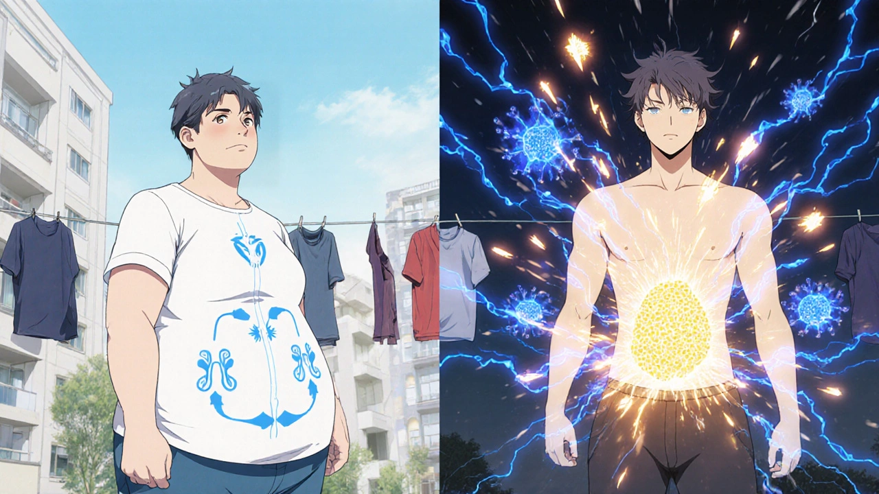 Two patients side by side: one with modest weight loss, another dramatically shedding fat as energy sparks fly.