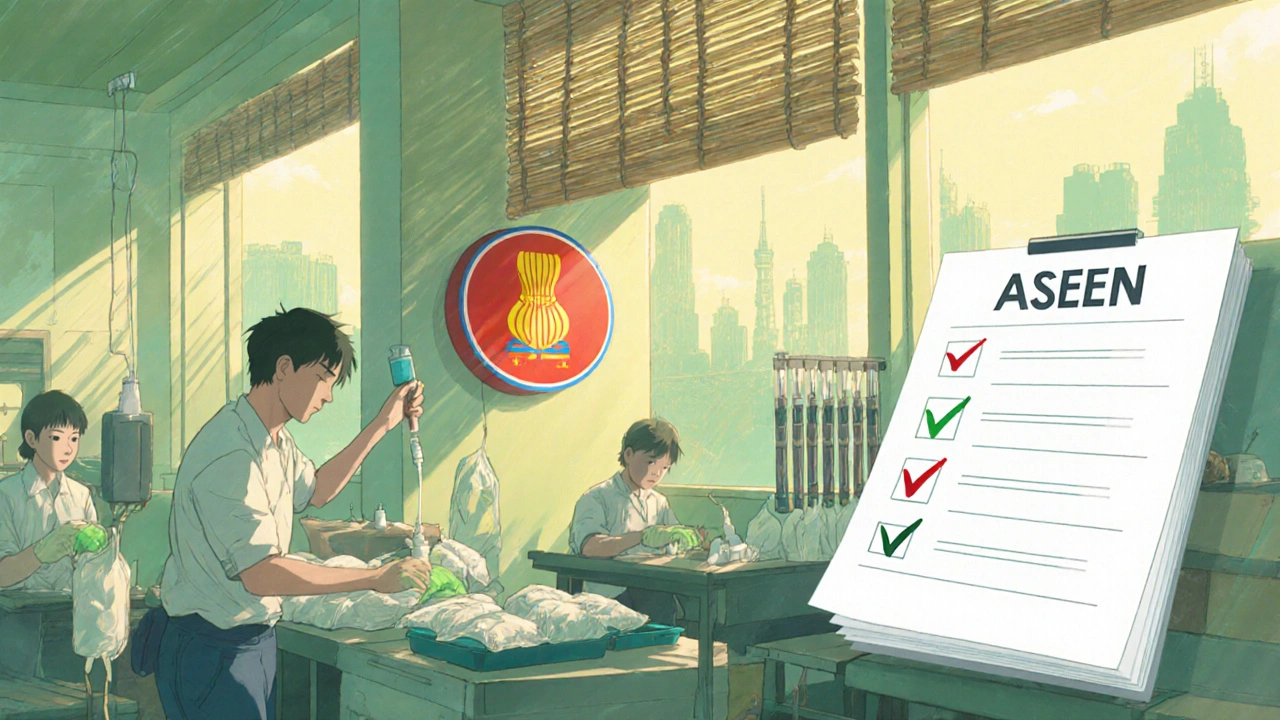 Vietnamese factory assembling medical supplies under sunlight, with a subtle ASEAN emblem and checklist in pastel colors.