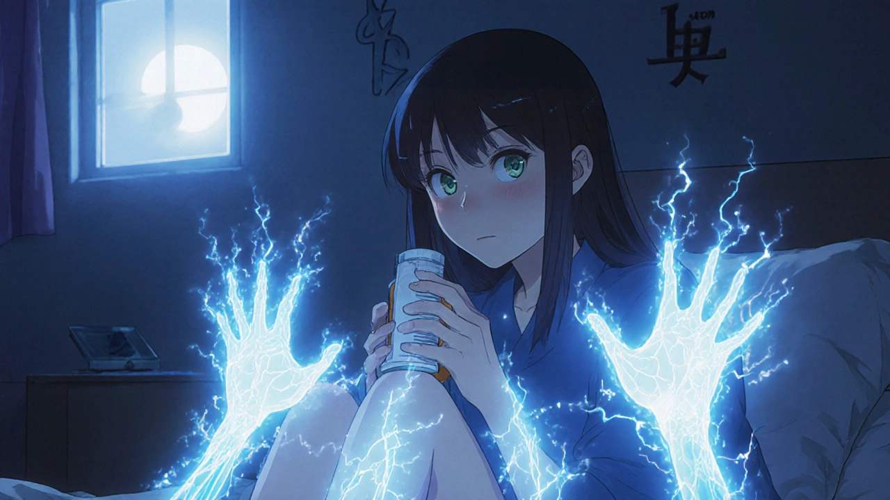 Woman with glowing blue nerve damage in hands and feet, holding antibiotic bottle under moonlight.