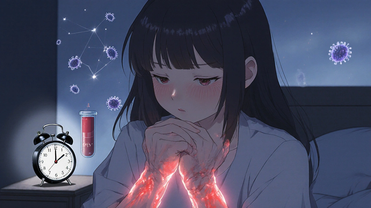 Young woman with swollen wrists and glowing inflammation, symbolizing autoimmune attack.