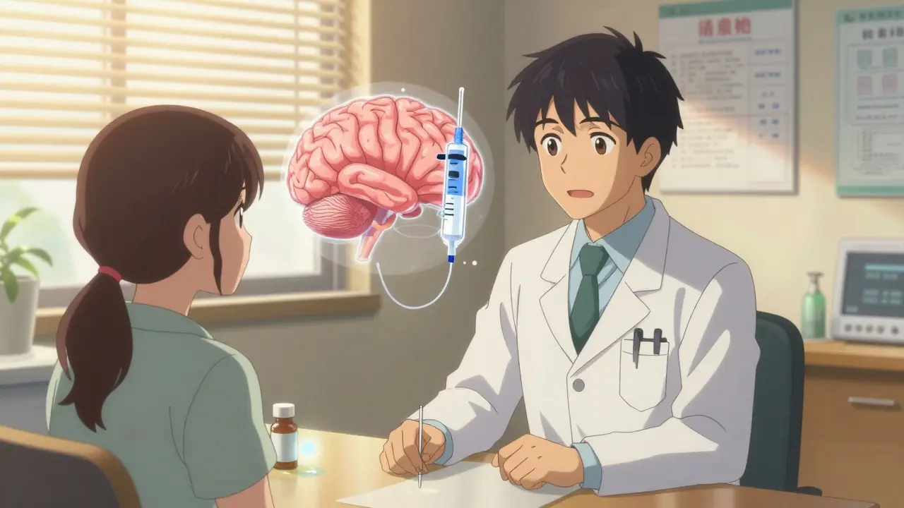 A doctor and patient in a clinic with brain and insulin pump diagrams side by side, symbolizing equal treatment of mental and physical health.