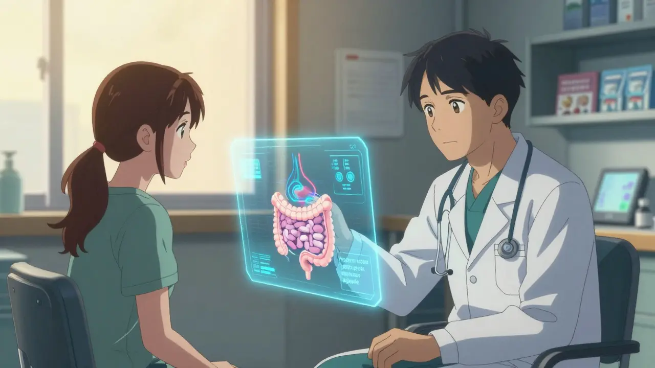 A doctor and patient viewing a holographic digestive track with AI health predictions in a calm clinic setting.