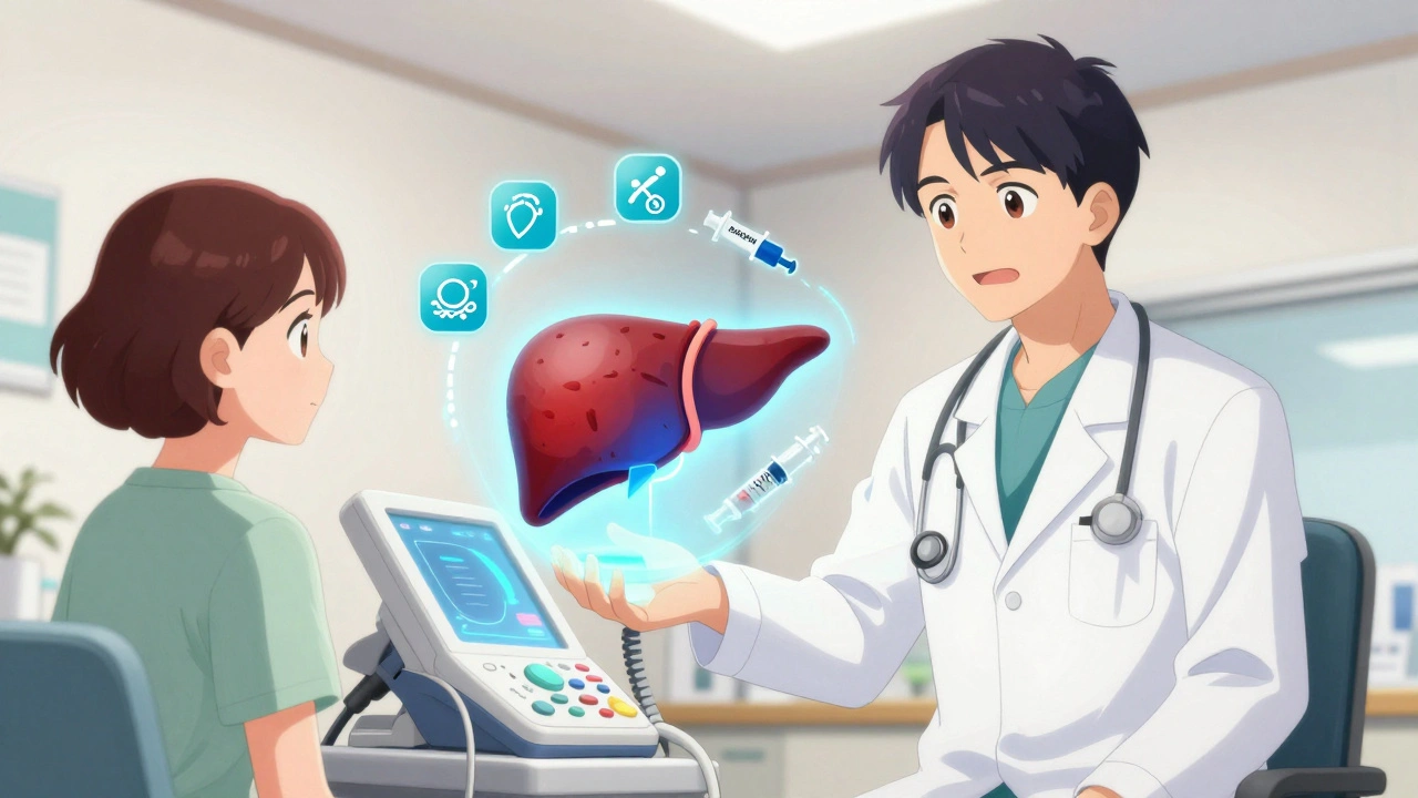 A doctor and patient viewing a shrinking liver model on a FibroScan, with icons of diet and medication around them.
