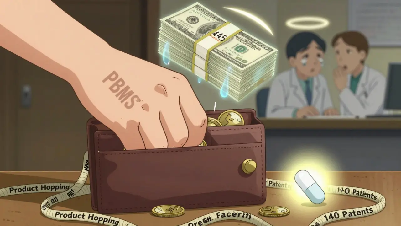 A giant hand labeled PBMs squeezing money from a patient while a glowing generic pill shines against tangled patents.