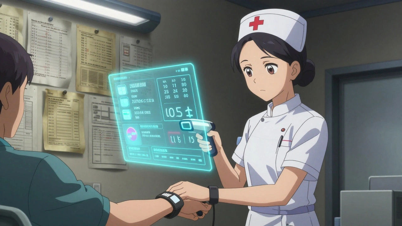 A nurse scanning a patient’s wristband with a digital drug interaction alert displayed in hologram.