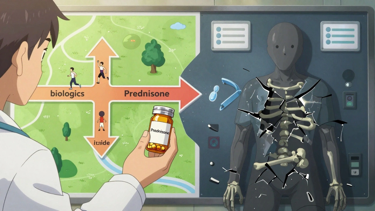 A patient choosing between two paths: one to recovery with biologics, the other to complications from steroids.