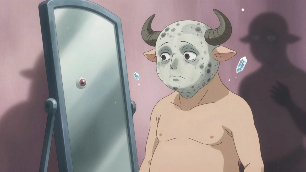 A patient facing a mirror, showing moon face and buffalo hump, with symbolic health threats floating around.