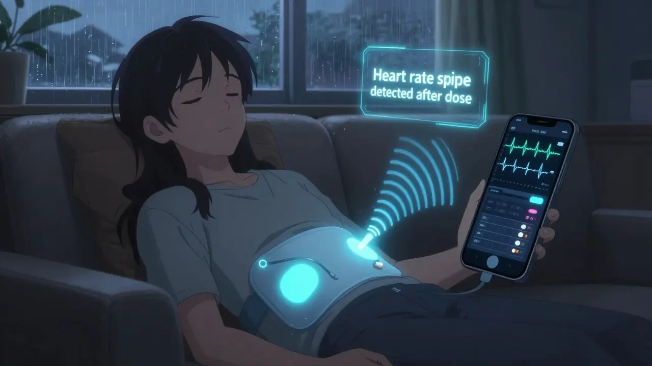 A patient wearing a pulsing abdominal patch connected to a smartphone showing health data during evening light.