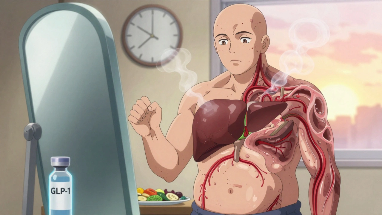 A person half-transformed into a healthy liver, with fat dissolving as smoke beside Mediterranean food and a GLP-1 drug.
