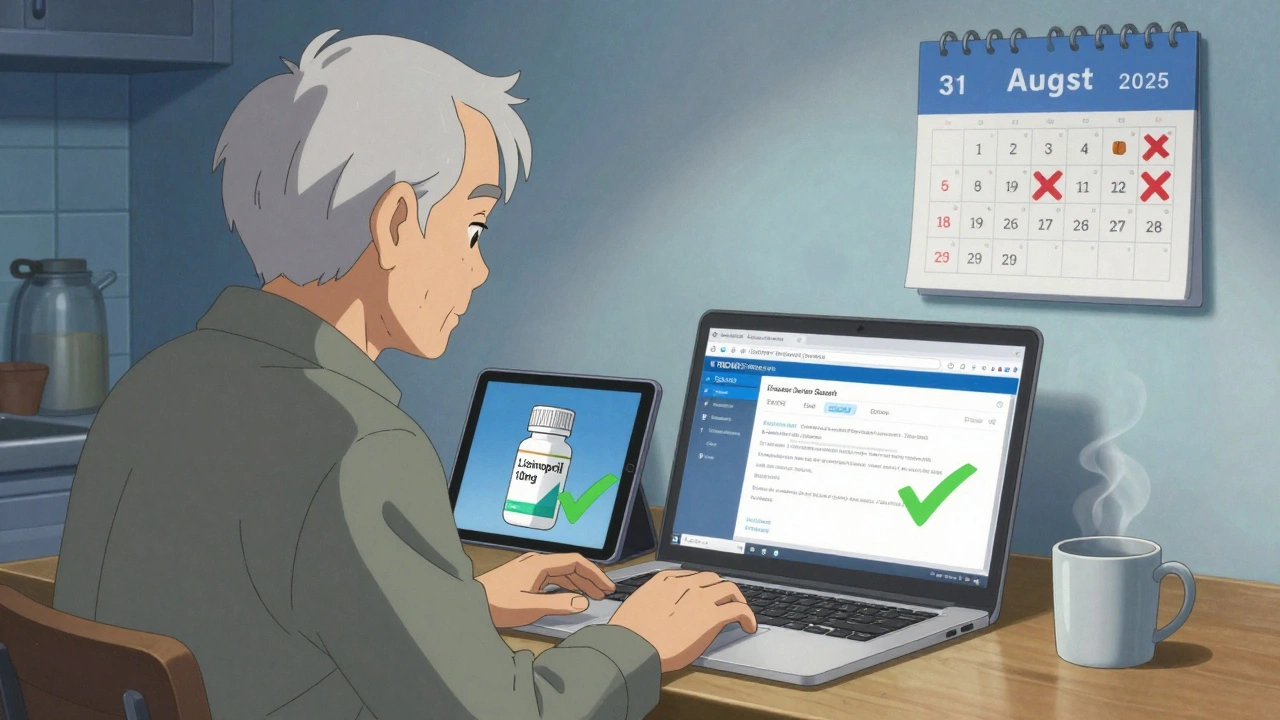 A retiree checking TRICARE formulary on a laptop, with a green checkmark over a generic pill.