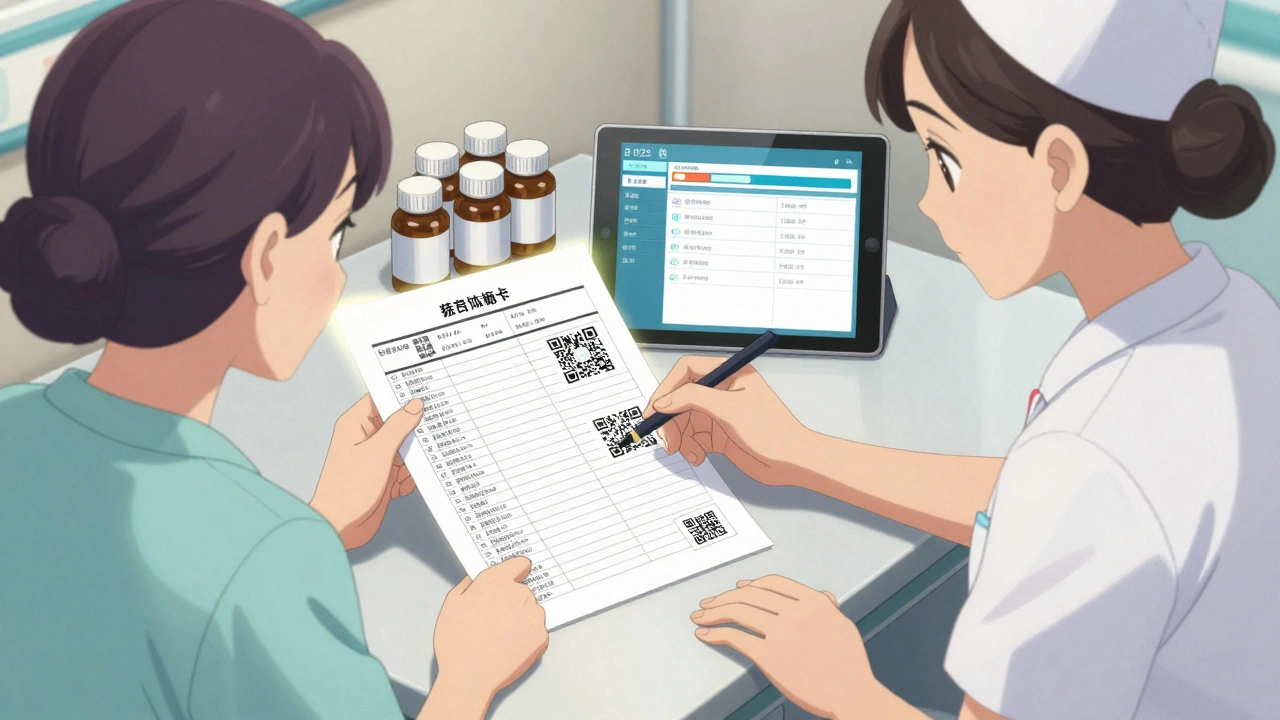 Caregiver and nurse review medication list at hospital bedside with pill bottles and QR code.