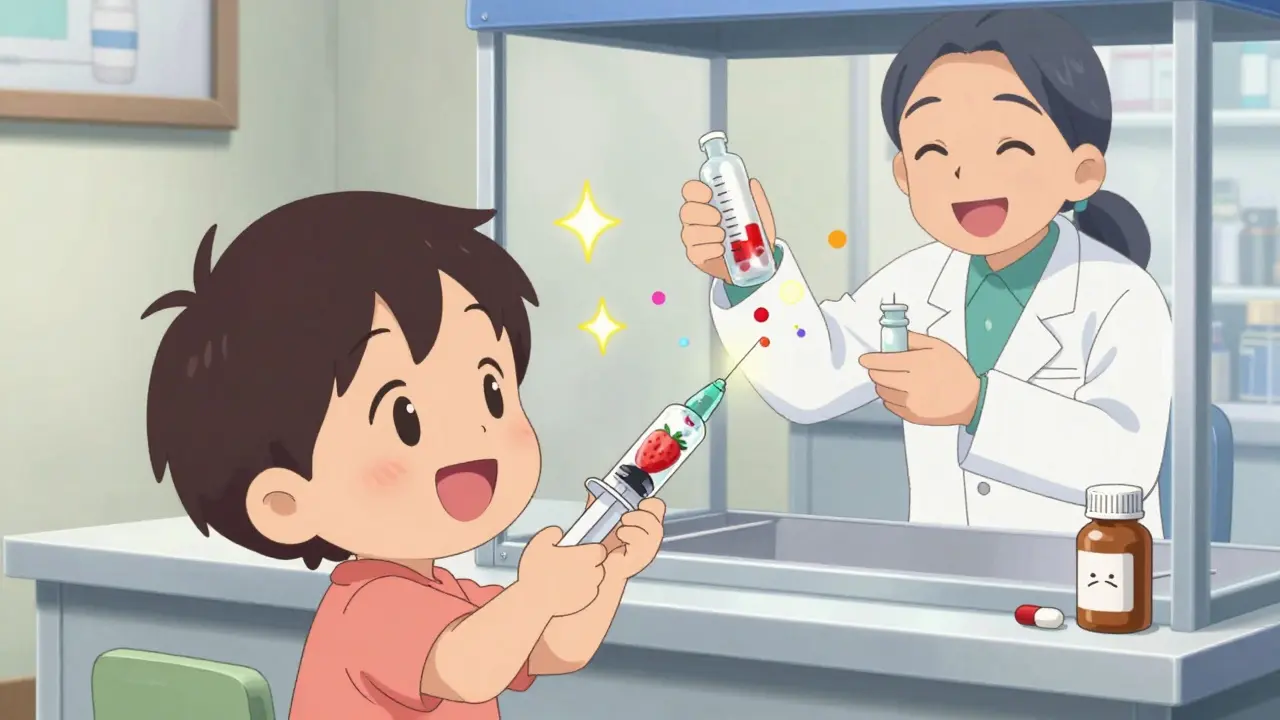 Child happily taking flavored liquid antibiotic from a syringe with pharmacist nearby.