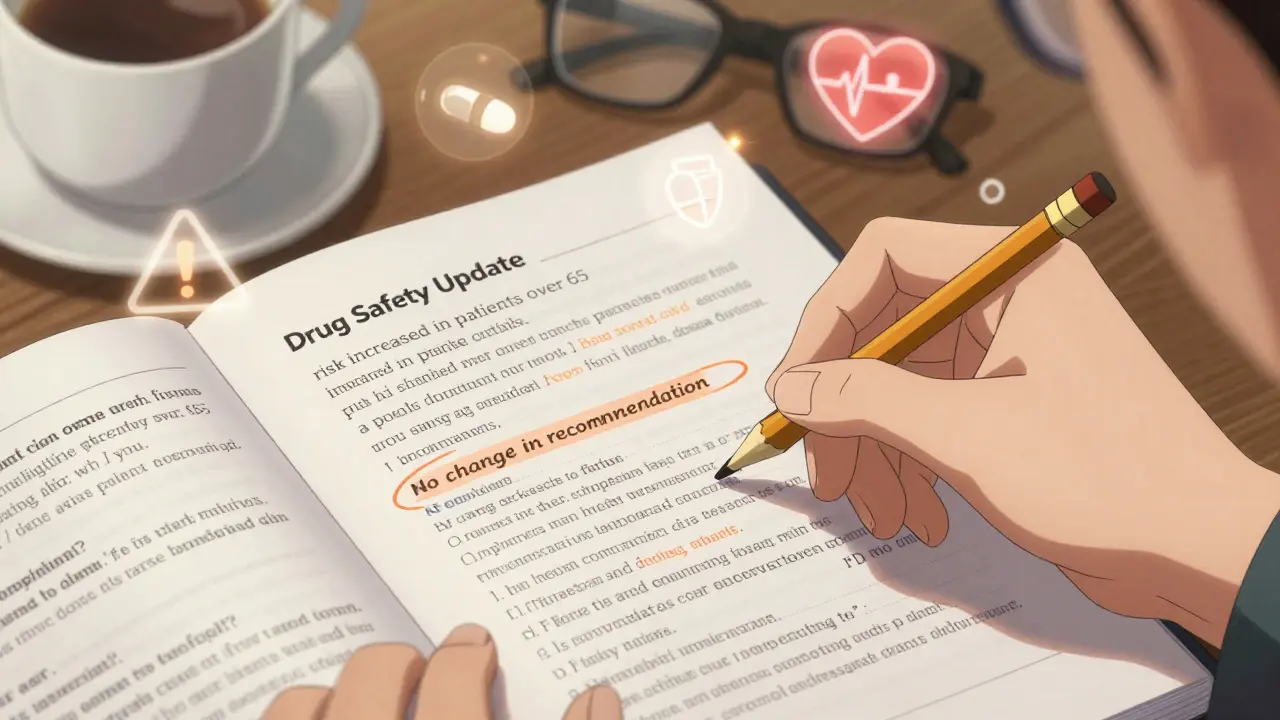 Close-up of a printed drug safety alert with handwritten notes and highlighted text.
