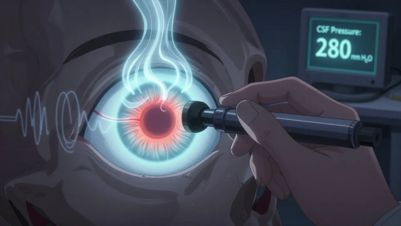 Close-up of a swollen optic nerve seen through an ophthalmoscope, with glowing CSF pressure waves inside the skull.