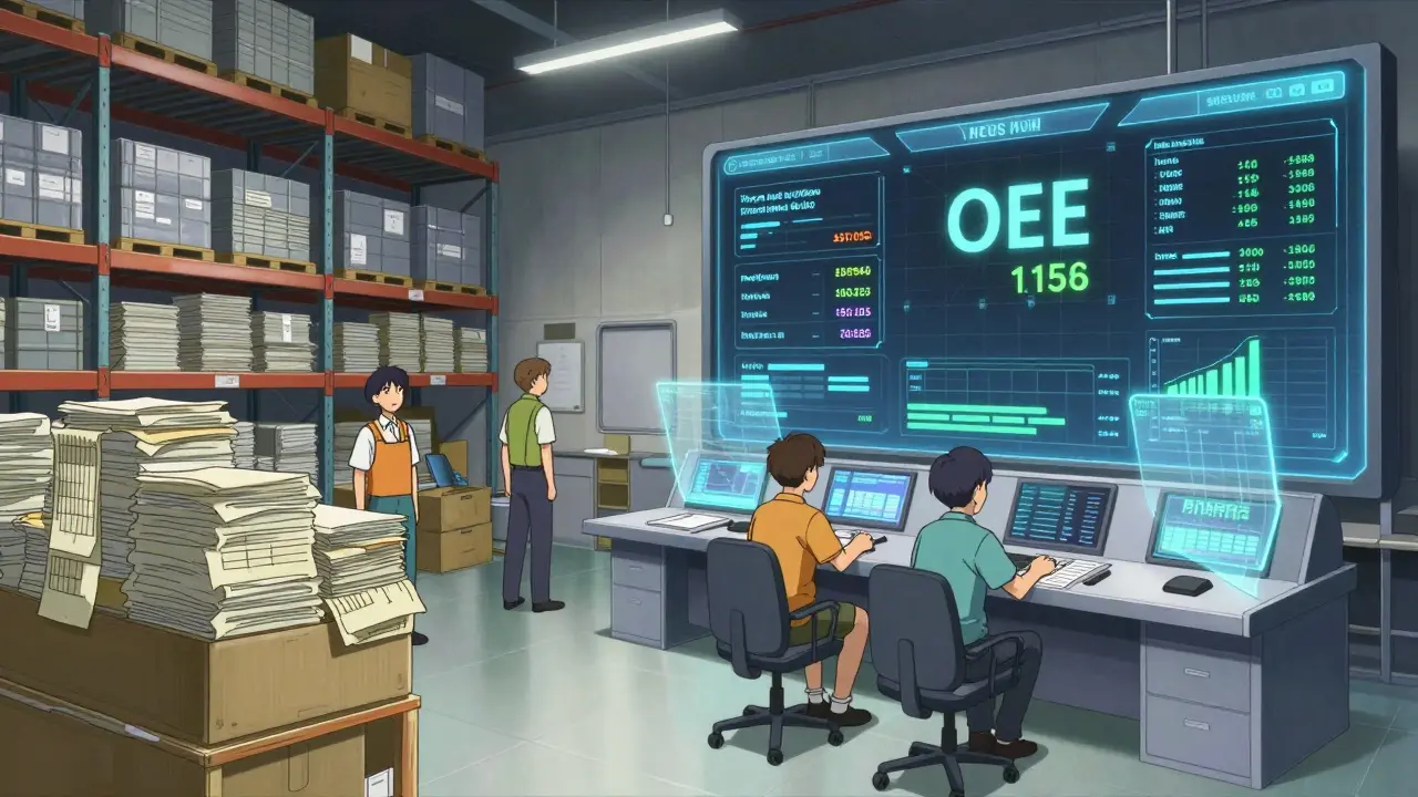 Contrast between a cluttered legacy warehouse and a high-tech control room with holographic data.