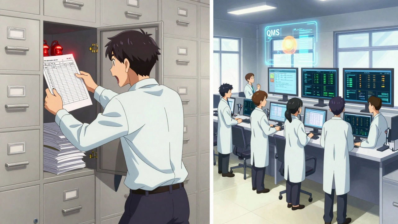 Contrasting scenes: chaotic paper records vs. clean digital compliance system in a pharmaceutical facility.