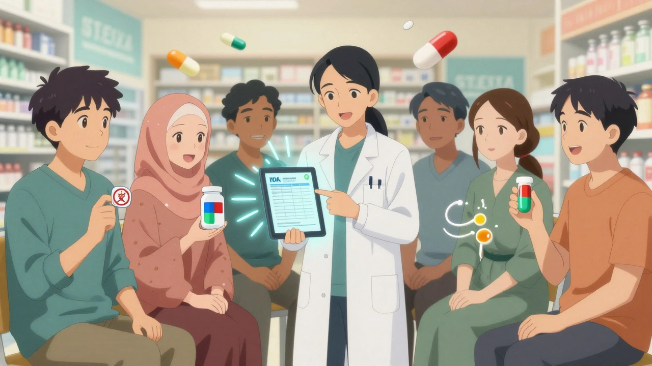 Diverse patients holding medications, connected by light to their authorized generics, with pharmacist guiding them using an FDA list.