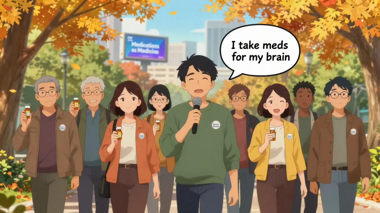 Diverse people in a park holding pill bottles with 'Brain Health' pins, walking together under autumn leaves in quiet solidarity.