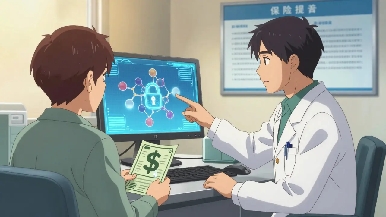 Doctor explains biologic drug restriction to patient, with insurance rejection alerts glowing in the background.